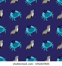 Seal and crab seamless vector pattern on dark blue background