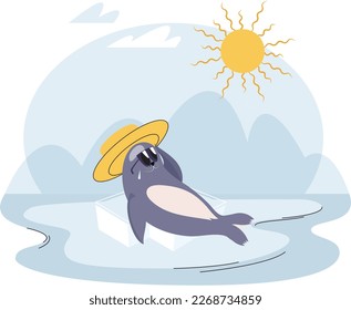 Seal crying suffering lying on an ice floe scorching sun in an Antarctic cold landscape with iceberg and snow. Melting glaciers due to global warming. Rising air and water temperatures problem