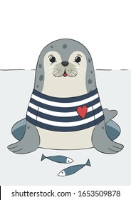 Seal cute sea lion, animal in sailor t-shirt. Hand drawn funny illustration. Childish print for nursery, poster, postcard. For winter or christmas. Vector.