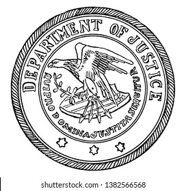 The seal of the Department of Justice of the United States, this circle shape seal shows eagle holding arrows and branch of tree, shield, stars, DEPARTMENT OF JUSTICE written on seal, vintage