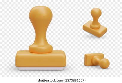 Seal in different positions. Item for work with contract papers, documents. Work stamp for lawyer. Concept of jurisdiction, veracity. Justice and law concept. Vector illustration in 3d style