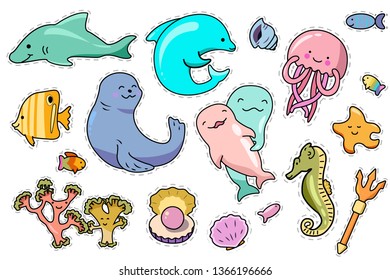 Seal, dolphin, jellyfish, sea horse, seashells, pearl, shark, fishes. Set of cute cartoon sea animals. Vector on white background.