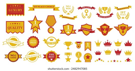 Seal emblem award set. Red ribbon, quality label, winner premium certificate isolated stamp or badge. Circle medal best guarantee. Sticker collection. Laurel icon trophy, vector gold garish frame