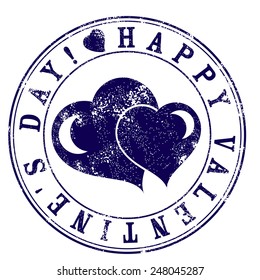 Seal with fading with two hearts inside specially for Happy Valentine's Day in February 14 in blue color isolated on white. Vector illustration