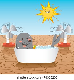 Seal fighting global warming desert inside a bathtub filled with ice cubes