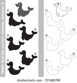 Seal to find the correct shadow, the matching educational kid game to compare and connect objects and their true shadows, simple gaming level for preschool kids.