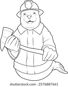 Seal Firefighter Axe Fire department Animal Vector Graphic Art Illustration