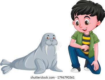 Seal fish and boy cartoon vector art and illustration