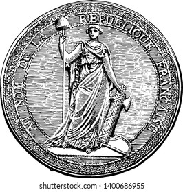 A seal of the French Republic 1792 to 1804 this is circle shape seal and inside one lady is standing holding a stick and one round bowl hunged upside down on that stick vintage line drawing