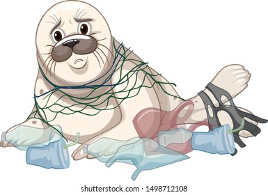 Seal gets caught with net and plastics illustration