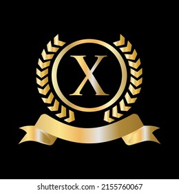 Seal, Gold Laurel Wreath and Ribbon on Letter X Concept. Luxury Gold Heraldic Crest Logo Element Vintage Laurel Vector