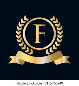 Seal, Gold Laurel Wreath And Ribbon On Letter F Concept. Luxury Gold Heraldic Crest Logo Element Vintage Laurel Vector