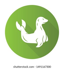 Seal green flat design long shadow glyph icon. Pinniped mammal. Antarctic sea lion. Oceanography and zoology. Aquatic ocean animal with flippers. Wildlife creature. Vector silhouette illustration