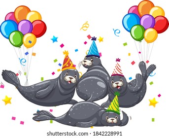 Seal group in party theme cartoon character on white background illustration