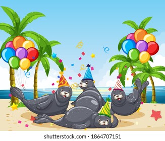 Grupo de sellos en el personaje de caricatura sobre temas de fiesta en la ilustración de fondo de playa
