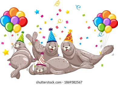 Seal group in party theme cartoon character on forest background illustration