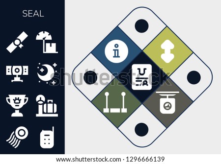  seal icon set. 13 filled seal icons. Simple modern icons about  - Certificate, Stamp, Baby monitor, Award, Scale, Webcam, Night, Diploma, Scroll, Information, Trapeze