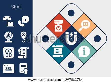  seal icon set. 13 filled seal icons. Simple modern icons about  - Content, Ssl, Diploma, Scale, Agreement, Webcam, Information, Scroll