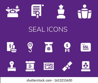 seal icon set. 14 filled seal icons. Included Scale, Certificate, Award, Beer pong, Scales, Stamp, Scroll, Diploma, Quality, Ssl icons