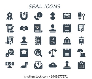 seal icon set. 30 filled seal icons.  Collection Of - Quality, Content, Information, Scroll, Stamp, Tampon, Certificate, Diploma, Baby hat, Banner, Scale, Webcam, Sea lion, Question