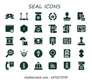 seal icon set. 30 filled seal icons. Included Banner, Trapeze, Scale, Awards, Stamp, Info, Information, Certificate, Agreement, Diploma, Scroll, Quality, Question mark, Webcam icons