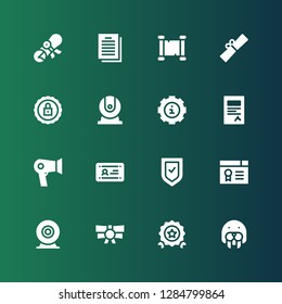 seal icon set. Collection of 16 filled seal icons included Seal, Quality, Scroll, Webcam, Certificate, Verified, Diploma, Hair dryer, Contract, Info, Certification