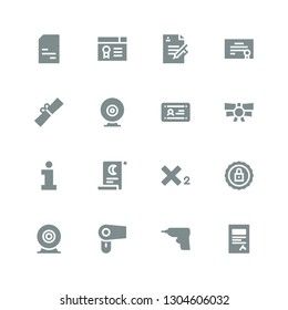 seal icon set. Collection of 16 filled seal icons included Contract, Caulk gun, Hair dryer, Webcam, Certification, Subscript, Scroll, Information, Diploma, Certificate, Doc