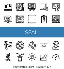 seal icon set. Collection of Certificate, Degree, Electric meter, Information, Paper scroll, Accreditation, Rubber land, Hair dryer, Clown, Surgery lamp, Beer pong, Pound icons