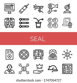 seal icon set. Collection of Certificate, Electric meter, Silicone, Information, Beer pong, Hair dryer, Pound, Clown, Prescription, Defendant, Surgery lamp, Premium, Animal testing icons