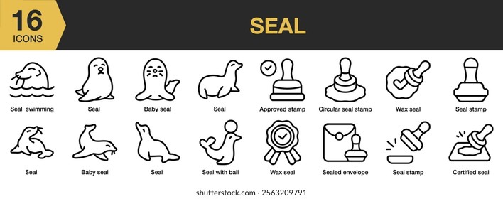 Seal icon set. Includes Animal, Calf, Circus, Sea, Seal, Show, and More. Outline icons vector collection.