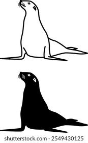 Iconos de sello. Ilustración vectorial en blanco y negro. Mamífero depredador, foca alfileteada. Para el diseño de libros para colorear. Concepto animal