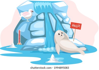 Seal lies near iceberg and escape from climate change and global warming. Animals during global warming concept. Melting ice affects animal kingdom. Cute seal and polar gull on glacier ask for help