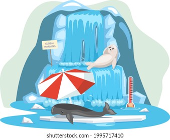 Seal lies near iceberg and escape from climate change and global warming. Animals during global warming concept. Melting ice affects animal kingdom. Whale lies under umbrella and suffers from heat