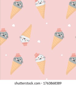 seal lion in ice cream cone on pink background pattern. cute pattern. 