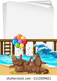 Seal lions at the beach with an empty paper illustration