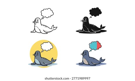 A seal lying on its stomach is illustrated with a thought bubble in four variations: line art, black silhouette, a gray version on a yellow background, and a gray version with a colorful thought bubbl