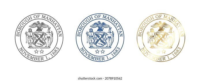 Seal Of Manhattan. Badges Of Manhattan New York County. Boroughs Of New York City. Vector Illustration