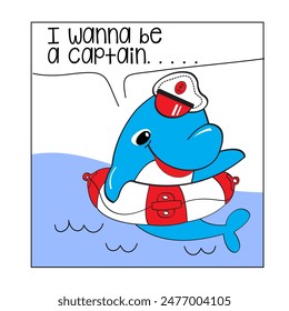 The seal mascot wears a captain's hat and holds the ship's wheel , dolphine vector