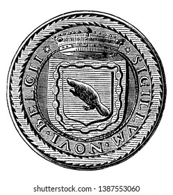 Seal of New Netherland, it has one animal in centre, and on top of it crown, in outer circle, following words are written SIGILLVM, NOVI, BELGLI, vintage line drawing or engraving illustration