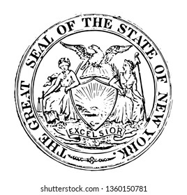 Seal of New York adopted in 1778 with motto Excelsior vintage line drawing.