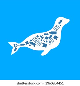 seal ocean plastic pollution. Ecological poster. Whale composed of white plastic waste bag, bottle on blue background.