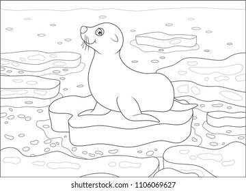 Seal on a drifting ice floe in a polar sea, black and white vector illustration in a cartoon style for a coloring book