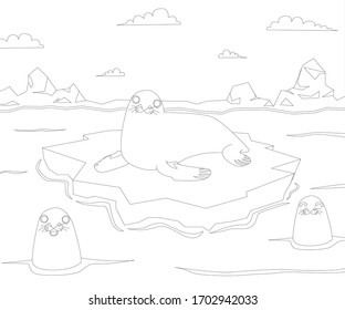 Seal on the floe, surrounded by sea water and other seals