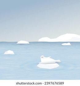 Seal on ice floe with coastal and iceberg behind vector illustration. Snow landscape concept have blank space.