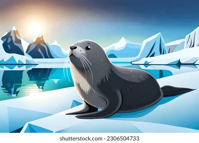 Seal on ice. Fur seal on ice. Vector illustration.