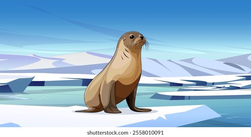 Seal on Ice River Background Vector, Cartoon Seal, Ice Landscape background Vector Illustration