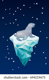 Seal on iceberg on stars background. Vector illustration.
