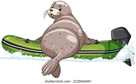 Seal on inflatable boat in cartoon style illustration