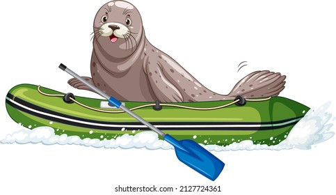 Seal on inflatable boat in cartoon style illustration