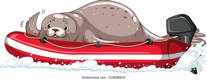 Seal on inflatable boat in cartoon style illustration